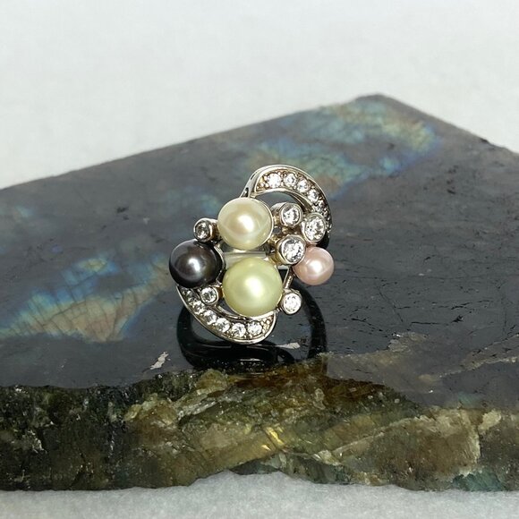 Joseph Esposito Sterling Silver 925 Pearl & Cubic Zirconia Cocktail Ring Sz 7 - Picture 2 of 16